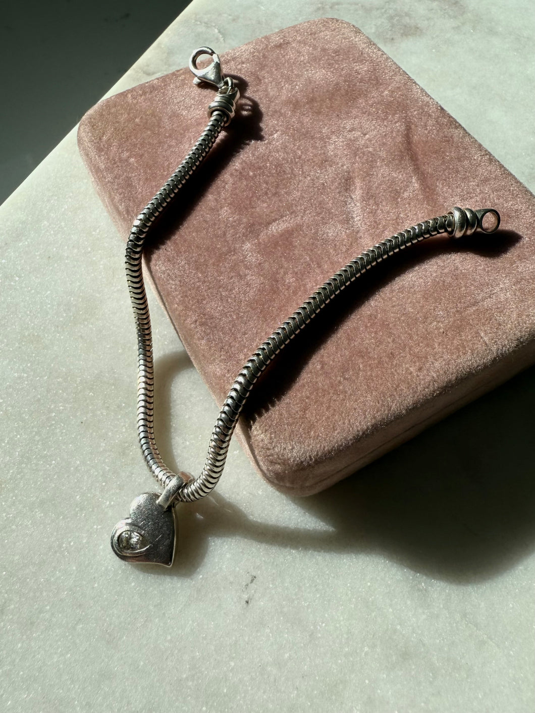 Heart Charm Sterling Snake Bracelet 7.25”