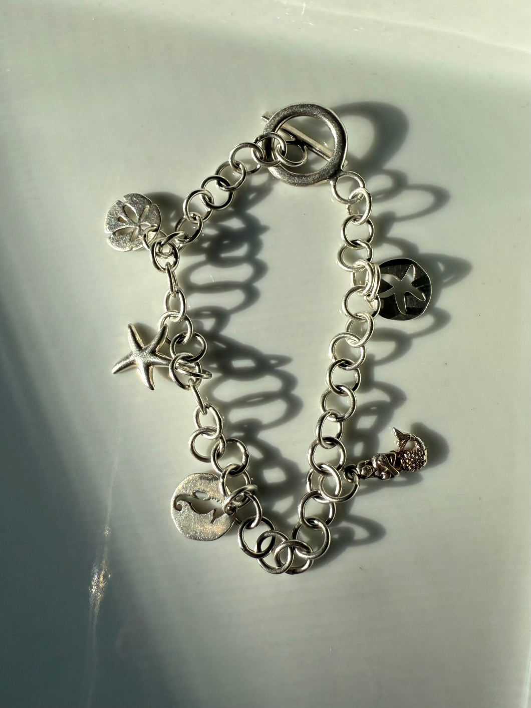 Starfish Sand Dollar Sterling Silver Charm Bracelet 7.75”