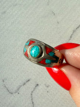 Load image into Gallery viewer, Crushed Turquoise &amp; Coral Inlay Sterling Ring 8.25
