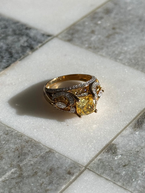 Canary Yellow & Clear CZ Gold Vermeil Ring Size 8