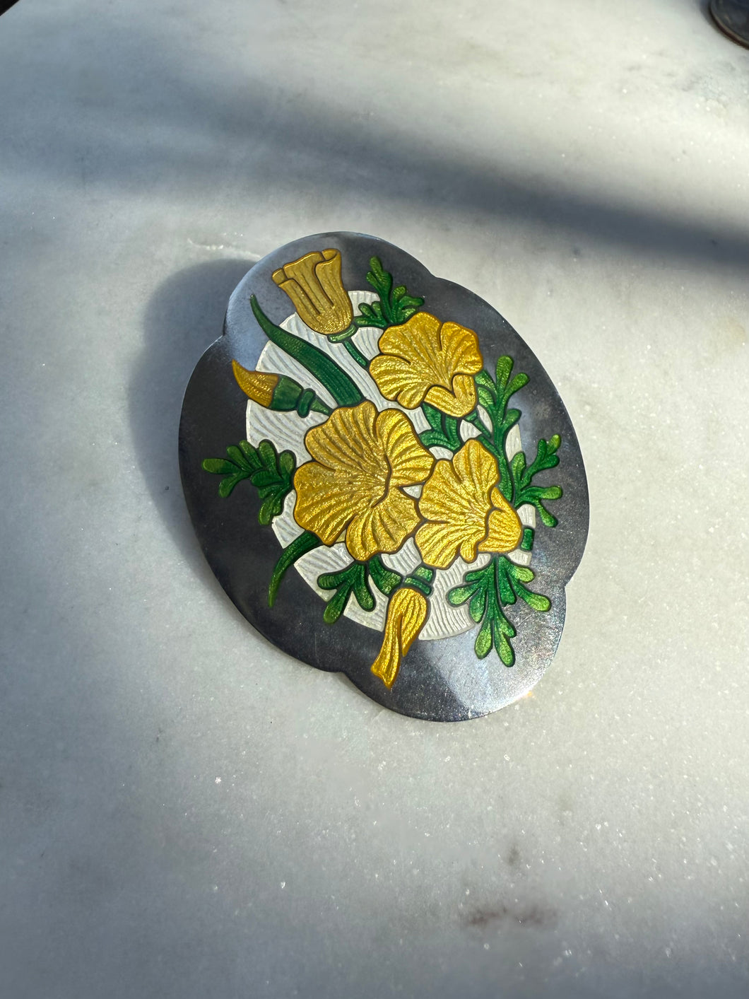 Guilloche Enamel Floral Sterling Silver Brooch
