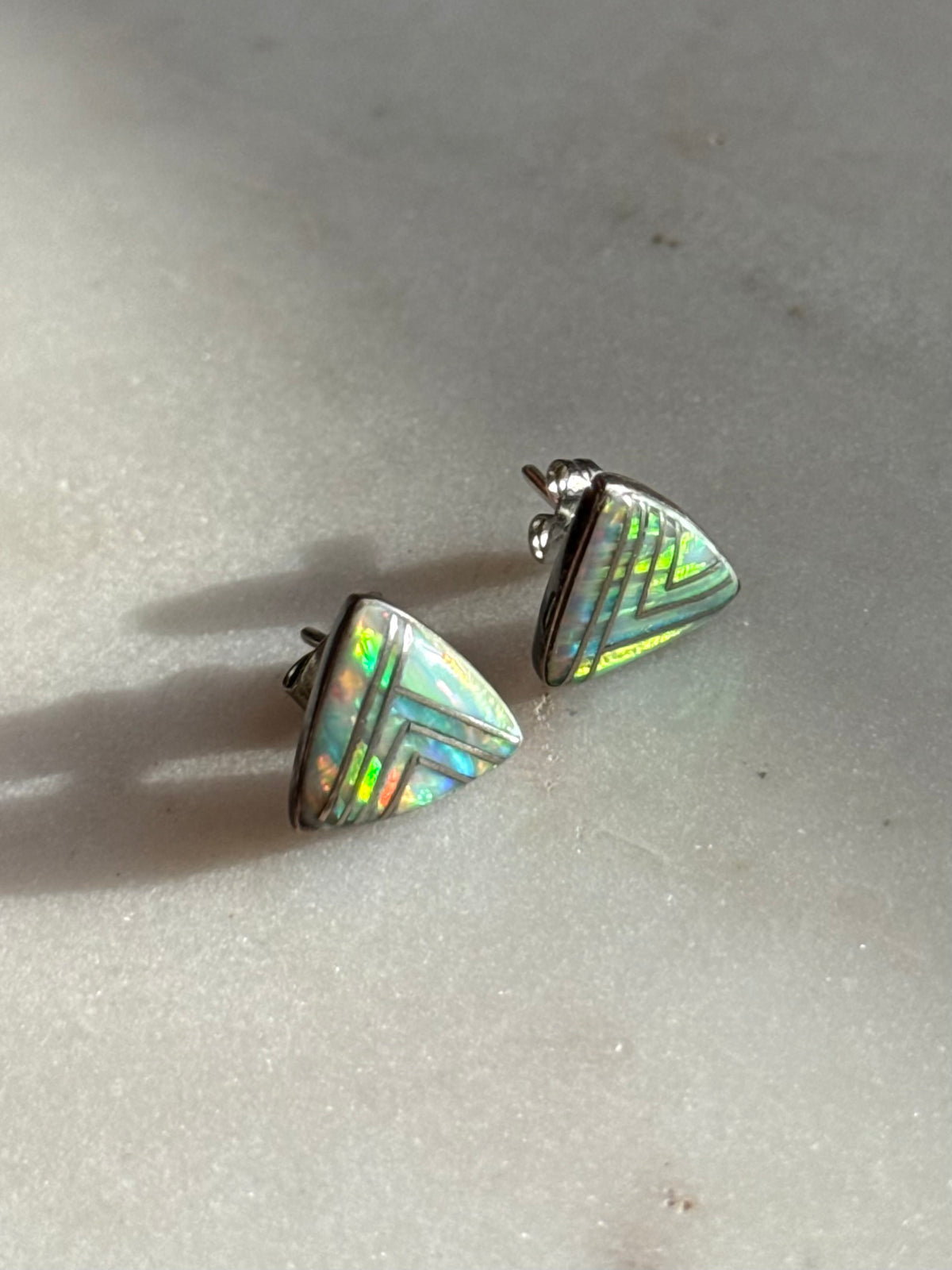 Opal Inlay Sterling Silver Triangle Earrings