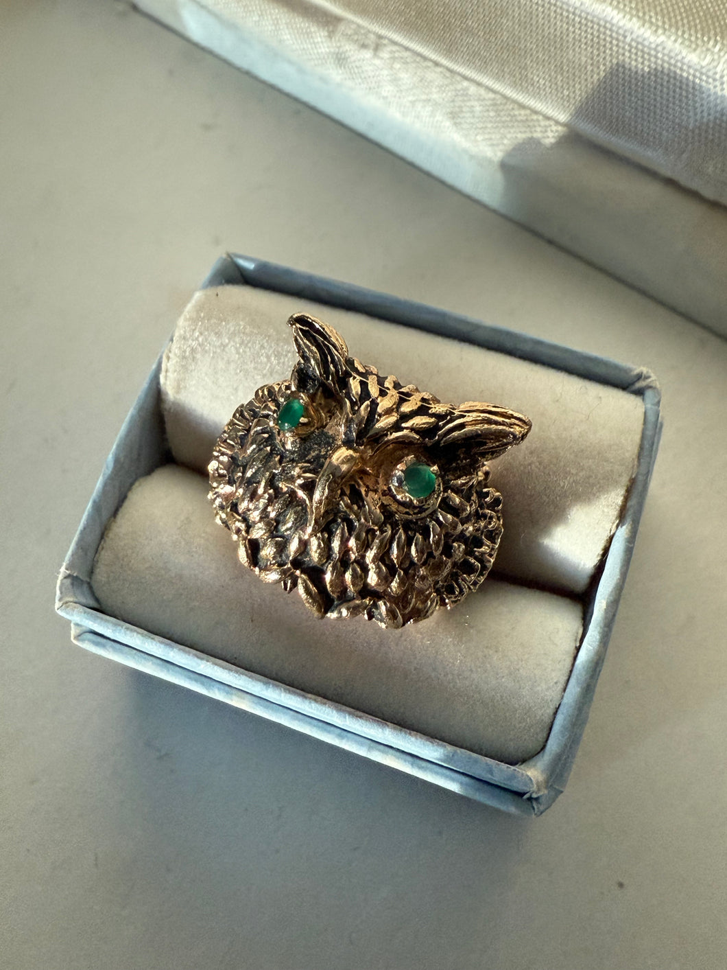 Emerald Eye Owl 14k Gold Ring Size 7.25