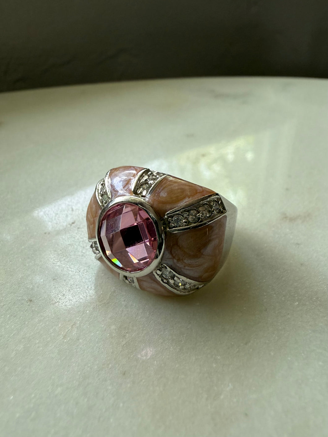 Chunky Pink Enamel Sterling Silver Statement Ring Size 8.5