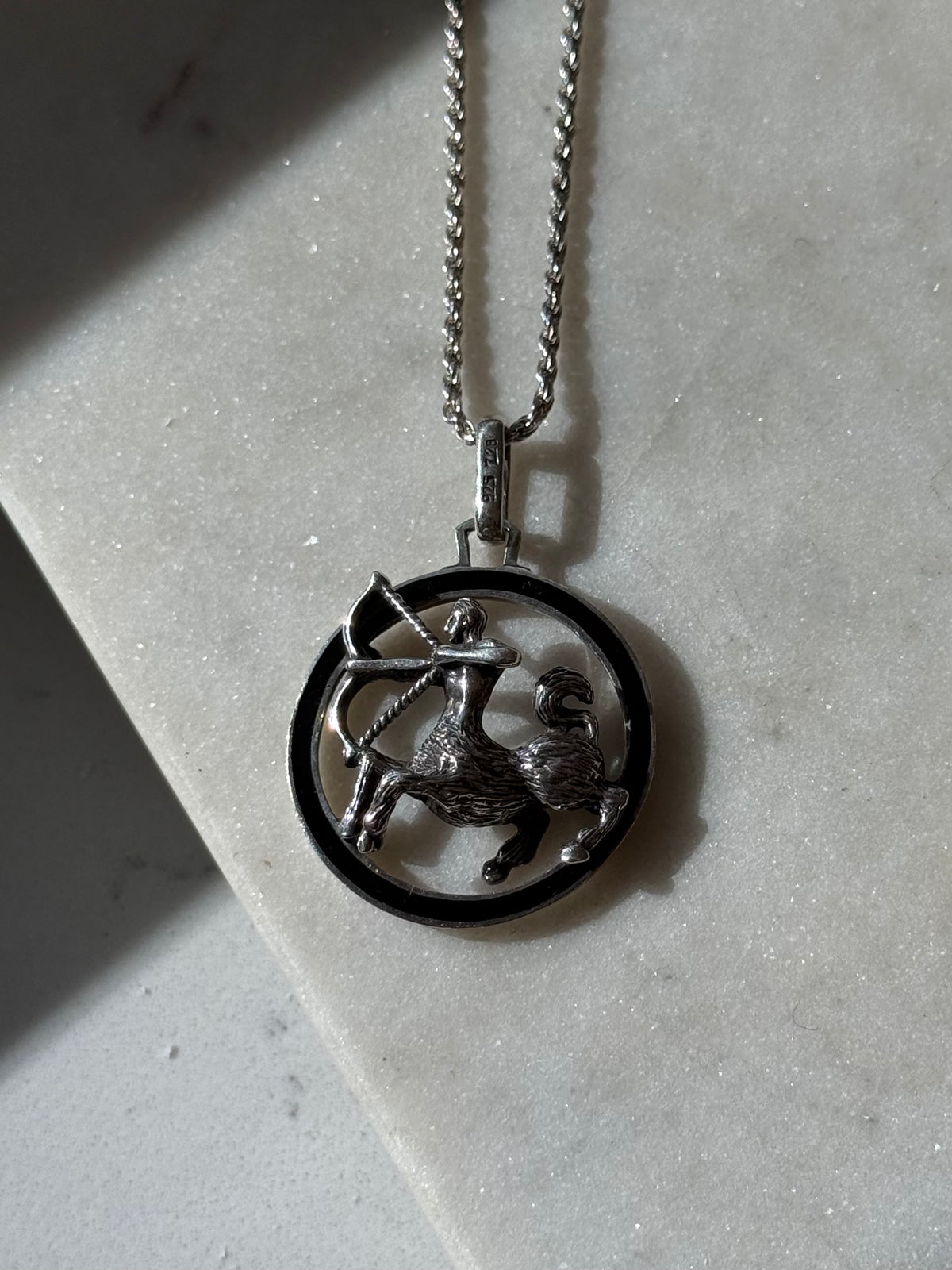 Vintage Black Enamel Sagittarius Zodiac Sterling Silver Necklace 20”