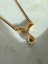 Load image into Gallery viewer, Italian 14k Yellow Gold Cuban Link Pear Cut Emerald &amp; Diamond Halo Drop Necklace
