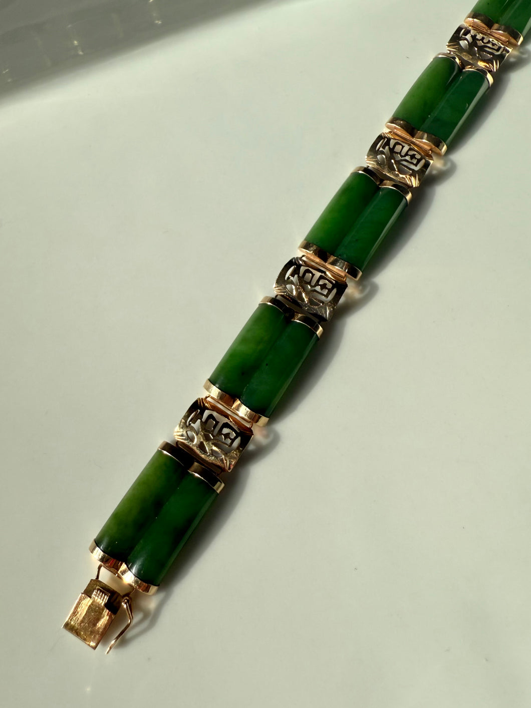 Vintage Green Jade & 14k Yellow Gold Bracelet 7”