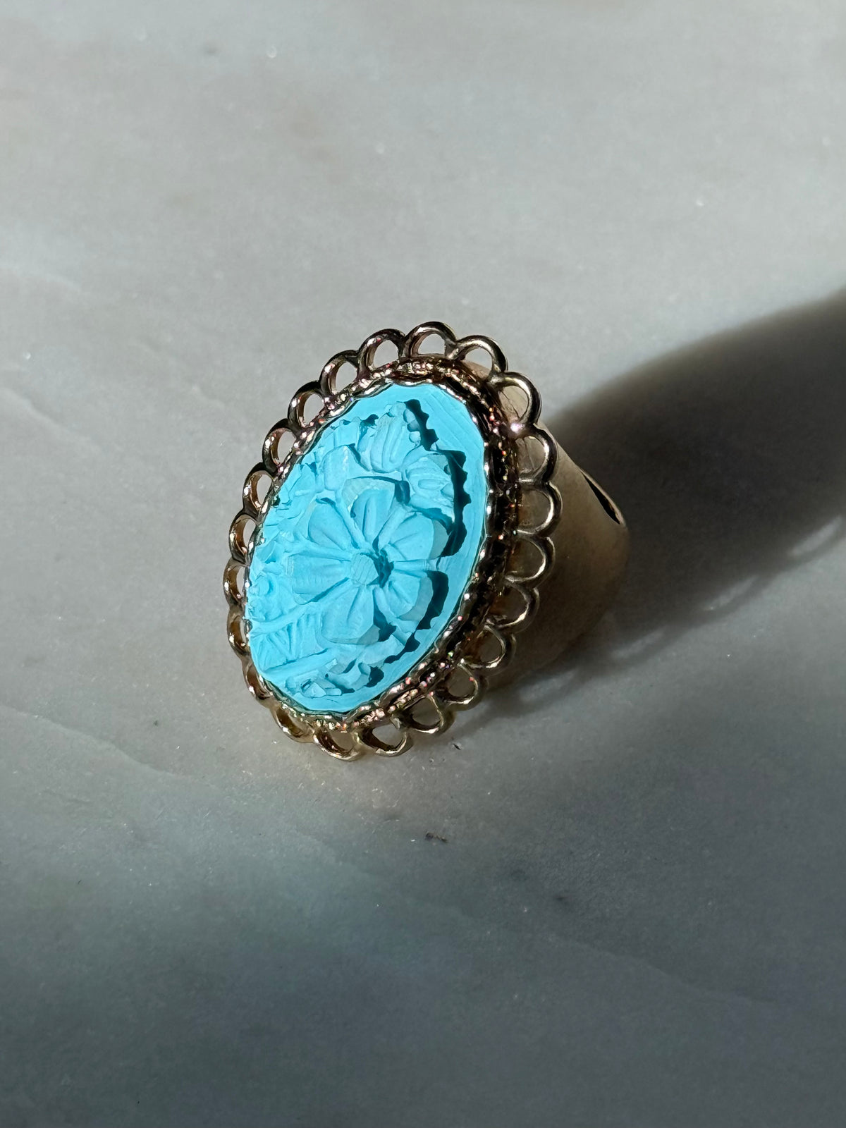 Chunky Blue Floral Carved Gold Vermeil Ring Size 7.25