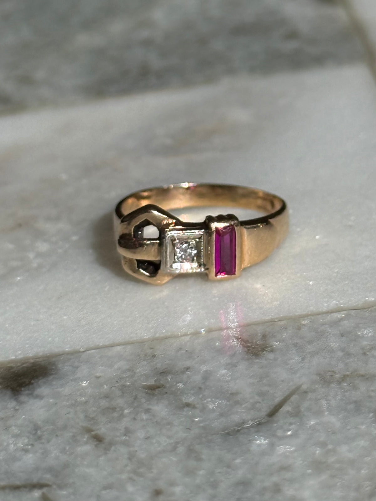 1940s Buckle Diamond & Synthetic Spinel Ring