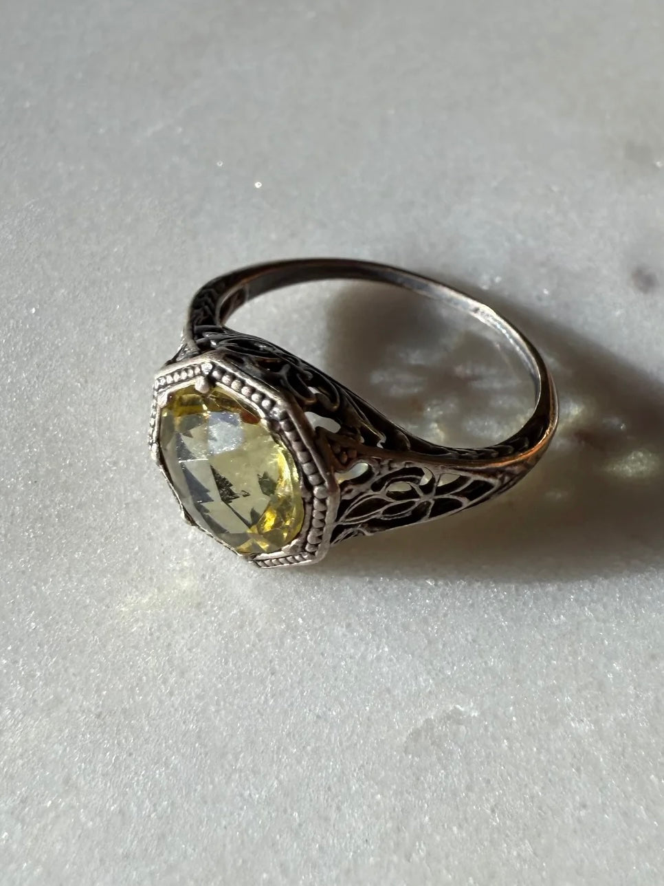 Yellow Glass Sterling Silver Ring Size 5.5