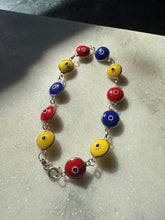 Load image into Gallery viewer, Red Yellow Blue Sterling Silver Evil Eye Bracelet 7.5”
