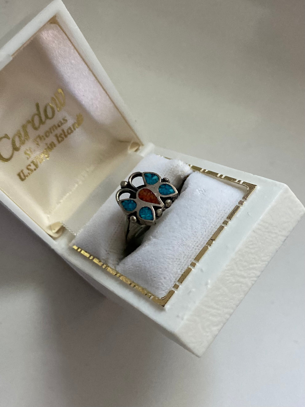 Turquoise & Coral Inlay Sterling Silver Ring