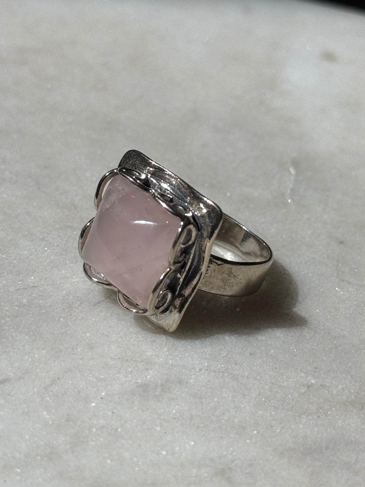 Rose Quartz Sterling Silver Square Ring Size 6