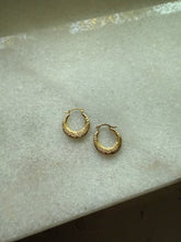 Load image into Gallery viewer, Floral Etched 14k Yellow Gold Mini Hoops
