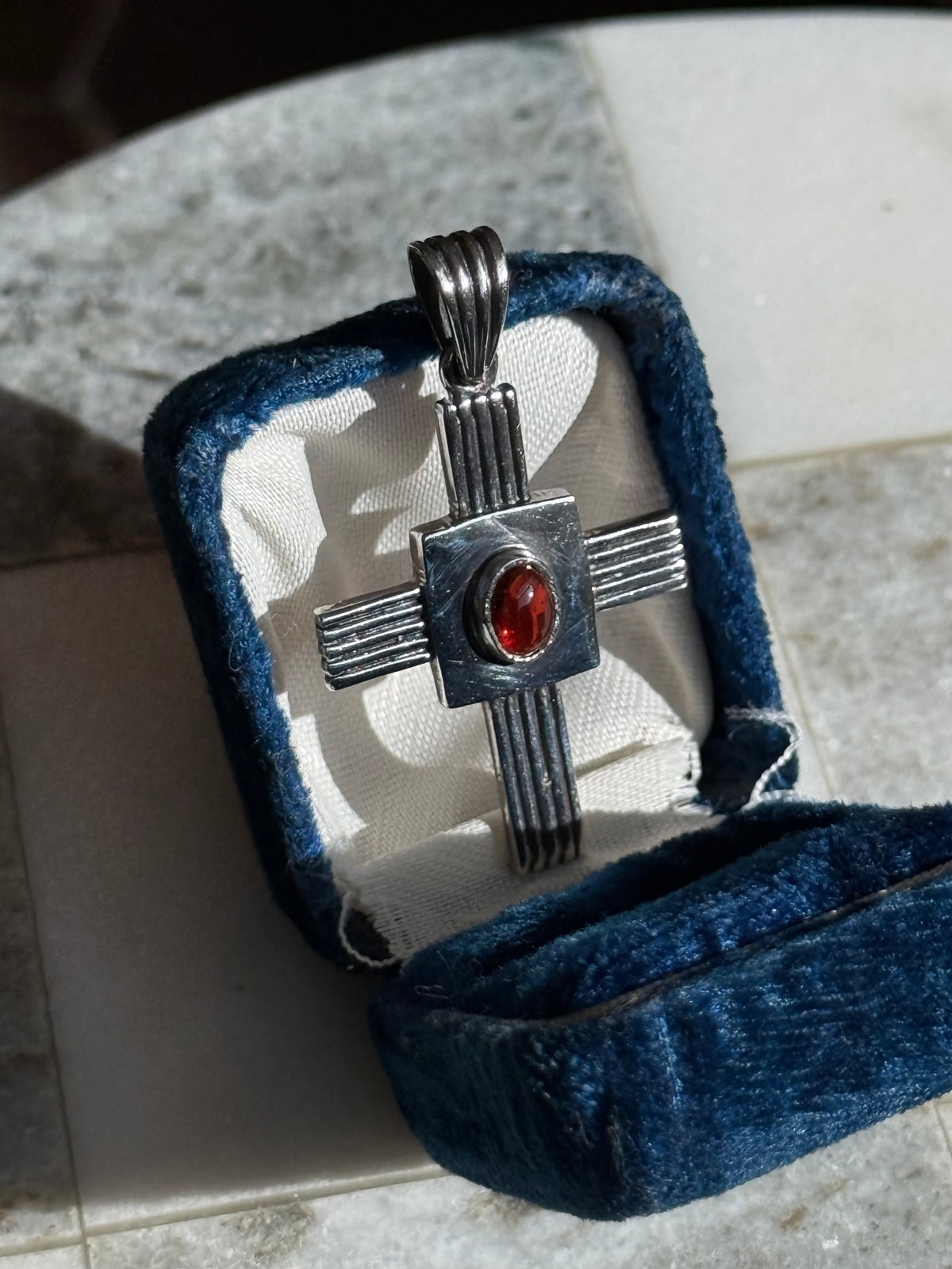 Garnet Cabochon Sterling Silver Cross Pendant