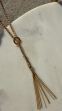 Load and play video in Gallery viewer, Italian 18k Yellow Gold Box Link Double Chain Lariat Tassel Necklace 20”
