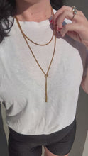 Load and play video in Gallery viewer, Italian 18k Yellow Gold Box Link Double Chain Lariat Tassel Necklace 20”
